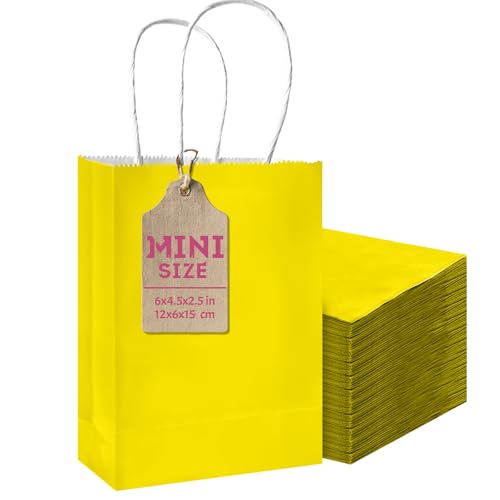qiqee 24PCS Mini Gift Bag with Handles Bulk 4.5"x2.5"x6" Gift Bags Bright Yellow Bags Multiple Uses - color: Bright Yellow