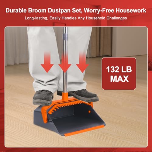 Broom and Dustpan Set for Home, 51" Long Handle Standing Pan Grey Orange - color: Orange and Grey