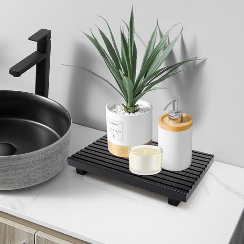 Black Bathroom Counter Tray Organizer Wood Riser Stand Kitchen Soap Holder - color: Black, size: 12x6.7 inch