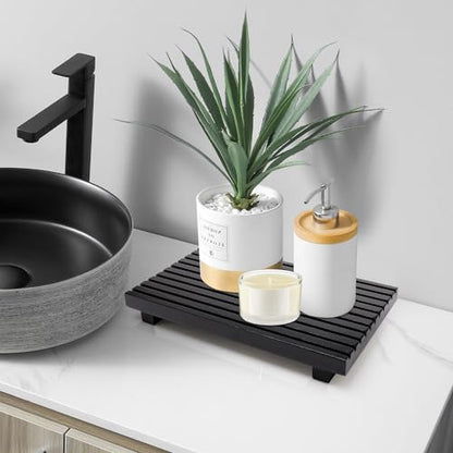 Black Bathroom Counter Tray Organizer Wood Riser Stand Kitchen Soap Holder - color: Black, size: 12x6.7 inch