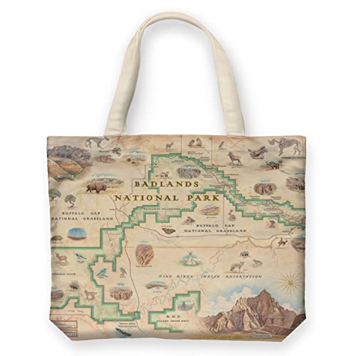 Xplorer Maps Canvas Tote Bag with Handles, Cloth Grocery Shopping Bag, Reusable & Eco-friendly Bag, 100% Cotton, Washable - color: Badlands National Park