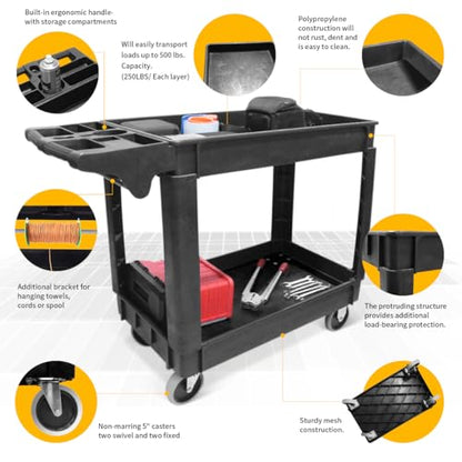 MaxWorks Heavy Duty 2‑Shelf Service Cart 500 lb Capacity Polypropylene Utility Cart with 5" Non‑Marring Casters Deep Trays and Built‑In Tool Storage for Garage Warehouse Workshop (80855) - size: 30 Inch X 16 Inch
