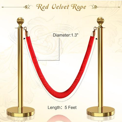 4PCS Red Velvet Stanchion Rope 5 Ft Crowd Control Ropes Barrier with Gold Hooks for Party - color: Red&Gold, size: 4PCS