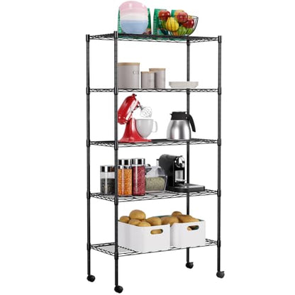 FDW | 5-Tier Wire Shelf with Wheels | 30" x 14" x 61" | Black - color: Black, size: 5-Shelf With Wheels