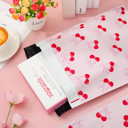 Whaline 100Pcs Cherry Poly Mailer 10 x 13 Inch Pink Bow Fruit Mailing Bag Valentine Cute Self-Sealing Plastic Packaging Envelope Bag for Small Business - style: Bow Cherry