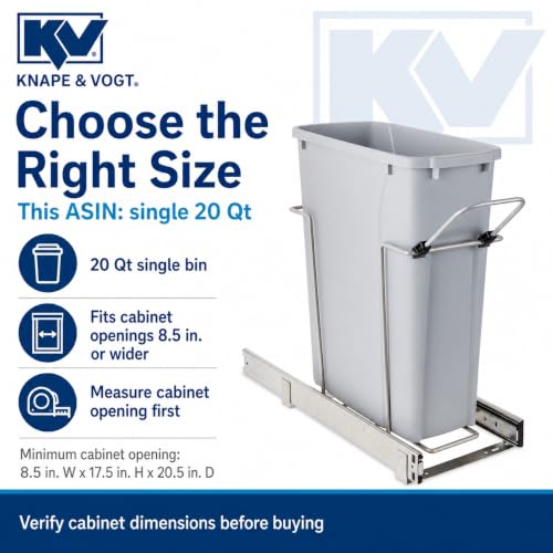Knape & Vogt in-Cabinet Pull Out Trash Can, 20-Qt., Bottom-Mount Cabinet Installation, Requires Min 8-in Opening, 20.5 in x 8.5 in x 17.5 in, RS-PSW9-1-20-P, Platinum - color: Platinum