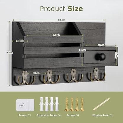 Key Holder Wall Mount, Wooden Key and Mail Organizer, Black - color: Black