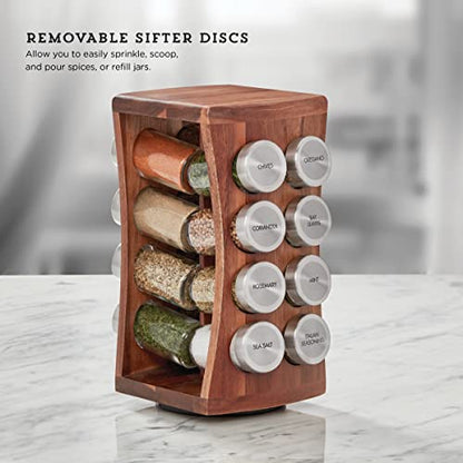 Kamenstein 16 Jar Hourglass Revolving Countertop Spice Rack with Spices Included, FREE Spice Refills for 5 years, Acacia with Stainless Steel Caps - size: 16-Jar, style: Hourglass