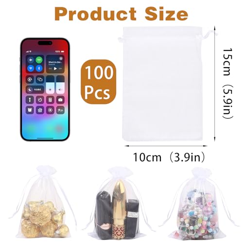 Partyeah 100Pcs White Organza Bags,4x6 Inch Small Mesh Drawstring Bags - color: White, size: 100 count (Pack of 1)