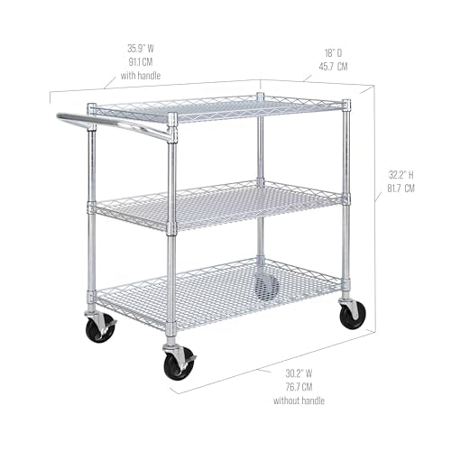 Seville Classics UltraDurable NSF Commercial Heavy Duty Metal Rolling Utility Cart, w/ Steel Shelves, Handle Bar for Restaurant, Garage, Warehouse, Kitchen, Office, Top Shelf (36"W x 18"D) - color: Steel, size: 36" W x 18" D
