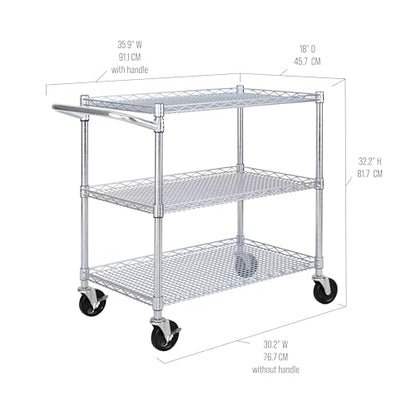 Seville Classics UltraDurable NSF Commercial Heavy Duty Metal Rolling Utility Cart, w/ Steel Shelves, Handle Bar for Restaurant, Garage, Warehouse, Kitchen, Office, Top Shelf (36"W x 18"D) - color: Steel, size: 36" W x 18" D