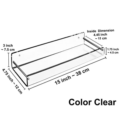 AMT 2 Pack Acrylic Floating Shelves, 15" L x 4.8" W, Clear Bathroom Wall Shelf, Bookshelves, Invisible Display for Office, Bedroom, Small Gap Allows Water to Escape, Free Screws & Drill Bit (Medium) - size: X-Large - New Model