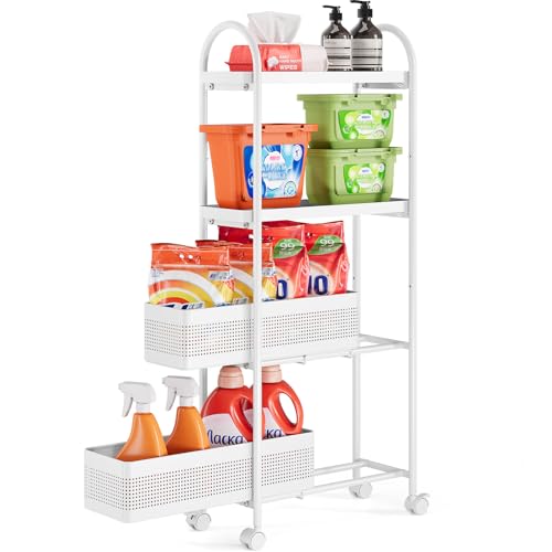 KINGRACK 4 Tier Slim Rolling Cart with Drawer, Metal Utility Storage Cart - color: White, size: 4 Tier-2BKT