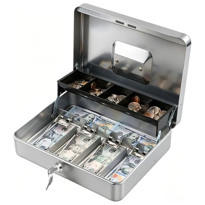 KYODOLED Locking Cash Box with Lock,Money Box with Cash Tray,Lock Safe Box with Key Money Saver,Money Saving Organizer,11.81Lx 9.45Wx 3.54H Inches,Lightgrey XL Large - color: Lightgrey