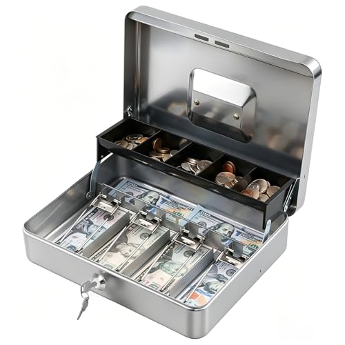 KYODOLED Locking Cash Box with Lock,Money Box with Cash Tray,Lock Safe Box with Key Money Saver,Money Saving Organizer,11.81Lx 9.45Wx 3.54H Inches,Lightgrey XL Large - color: Lightgrey