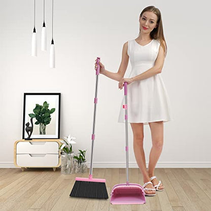 Broom and Dustpan Set for Home, Office, Indoor&Outdoor Sweeping, Stand Up Broom and Dustpan (Pink) - color: Pink