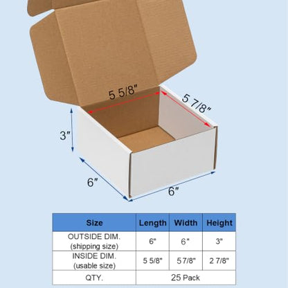 Wowxyz 6x6x3 Inches Shipping Boxes 25 Pack Corrugated Cardboard White Box - size: 6x6x3"
