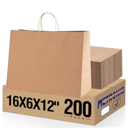 METRONIC Paper Gift Bags 16x6x12 inch 200Pcs Brown Paper Bag with Handles - color: Brown 16x6x12, size: 1 Count (Pack of 200)