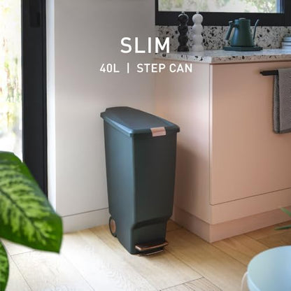 simplehuman Slim Step Can, 40L / 10.6 Gallon Space-Efficient Kitchen Trash Can, Studio Edition, Pet-Proof Slide Lock, 150,000-Step Pedal, Wheels, Hunter Green Plastic - color: Hunter