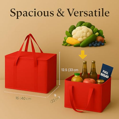 musbus 2Pk Insulated Reusable Grocery Bags, Collapsible Cooler Bag for Groceries, Heavy Duty Large Insulated Bag (Large, Bright Red) - color: Red, size: X-Large（16W x 12.5H x 9D）