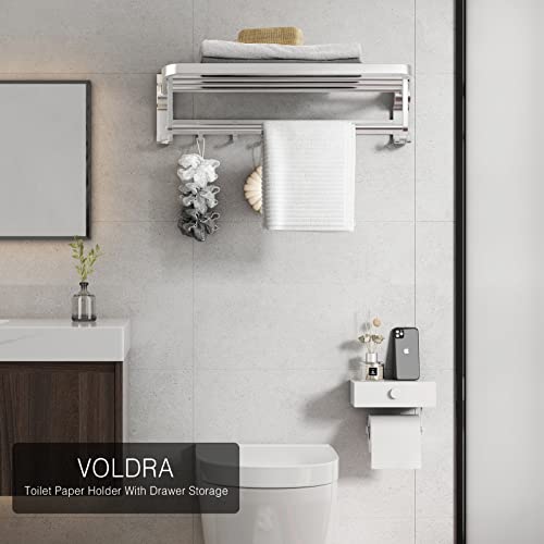 VOLDRA Toilet Paper Holder with Shelf White Wipes Dispenser for Bathroom Toilet Paper Holder with Storage Upgrade Drawer Design Toilet Tissue Holder Adhesive Small Bathroom Shelf Wall Mount - color: White