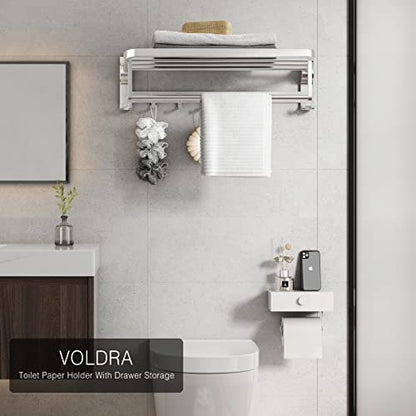 VOLDRA Toilet Paper Holder with Shelf White Wipes Dispenser for Bathroom Toilet Paper Holder with Storage Upgrade Drawer Design Toilet Tissue Holder Adhesive Small Bathroom Shelf Wall Mount - color: White