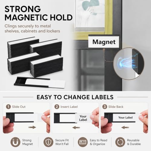 CYEAH 100 Pack Magnetic Label Holders, 1 x 3 Inch C-Channel Magnetic Data Card Holders with Paper Inserts and Clear Plastic Protectors for Metal Racks, Shelves, File Cabinets and Lockers