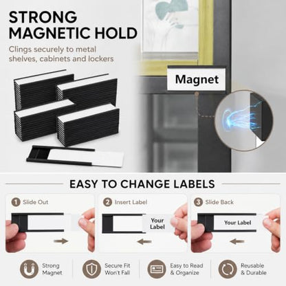 CYEAH 100 Pack Magnetic Label Holders, 1 x 3 Inch C-Channel Magnetic Data Card Holders with Paper Inserts and Clear Plastic Protectors for Metal Racks, Shelves, File Cabinets and Lockers