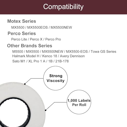 Motex 1 Line White Labels - 8,000 White Blank Price and Date Gun Labels with 1 Ink Roll, Fits MX-5500 and Perco 1 Line Price and Date Guns - color: White, size: 8 Rolls + 1 Ink