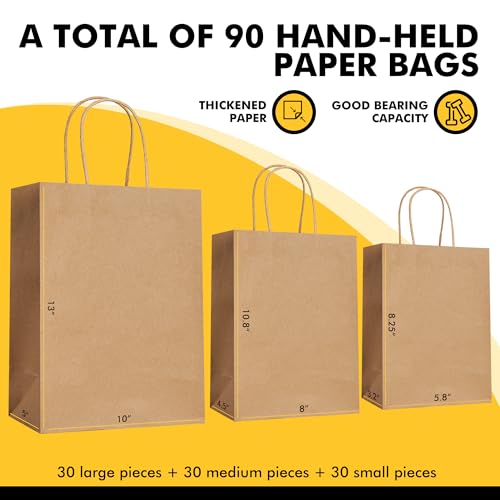 RACETOP Brown Kraft Paper Gift Bags 90 Pack 3 Sizes with Handles Bulk - color: Brown 10x5x13-8x4.5x10.8-5.8x3.2x8.25, size: 1 Count (Pack of 90)