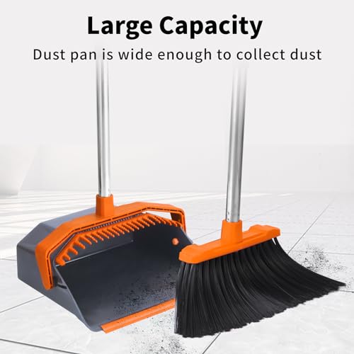 Broom and Dustpan Set for Home, 51" Long Handle Standing Pan Grey Orange - color: Orange and Grey