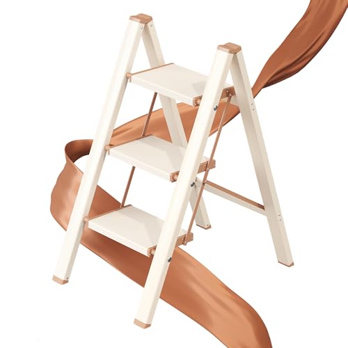 3 Step Ladder, Foldable Aluminum Step Stool with Anti-Slip Pedal - color: Cream Chocolate, size: 3 Step
