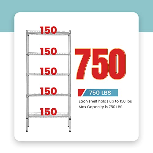 BestOffice | 5-Tier Wire Shelf with Wheels | 21.5" x 11.6" x 47.6" | Chrome - color: Chrome, size: 21.5L x 11.6W x 47.6H
