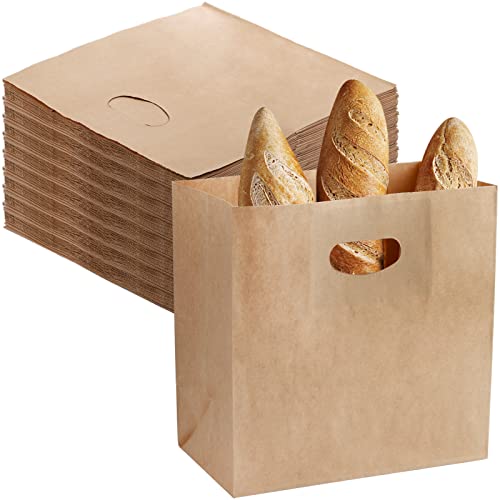 Foraineam 100 Pack Kraft Paper Bags, 11x6x11 Inch Natural Brown Paper Party Favor Goody Snack Gift Bag with Die Cut Handle, Bakery, Retail