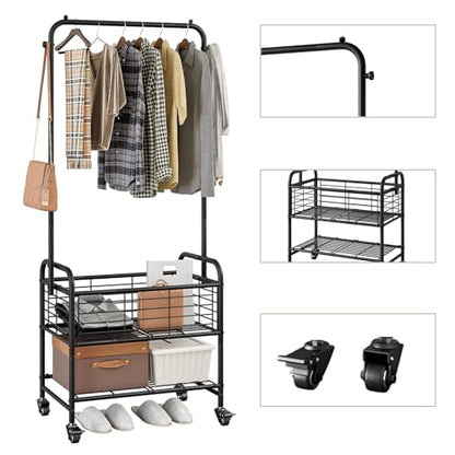 SUOERNUO Laundry Cart with Basket Hanging Rack Sorter with Wheels Shelf - color: Black