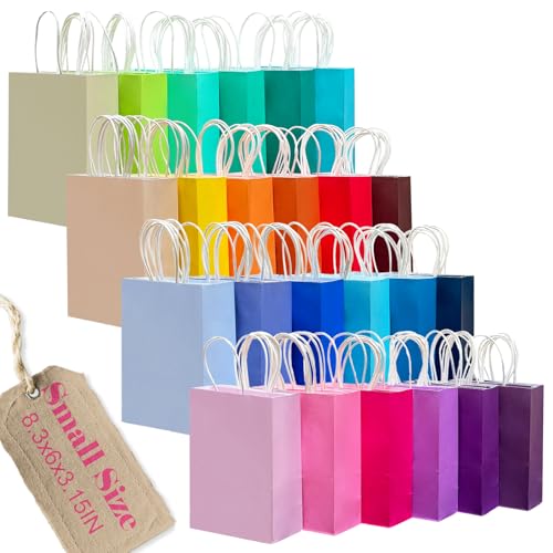 qiqee 100Pcs Paper Gift Bags with Handles - 8.3"x6"x3.15" Small Party Favor Bags - 24 Solid Colors - size: Small - 1 count (Pack of 100)