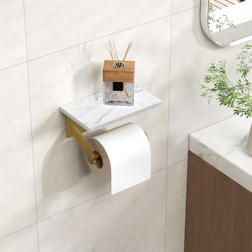 FORIOUS Natural Marble Toilet Paper Holder with Phone Shelf, Commercial - color: Brushed Gold, size: Single Roll