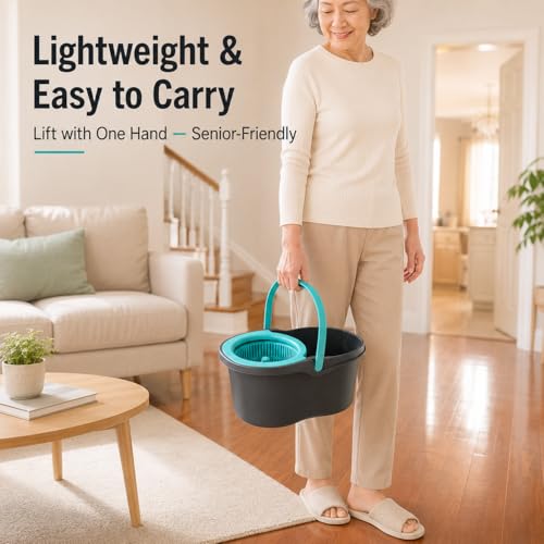 Lambert Home Spin Mop and Bucket Set with Wringer, Hands-Free Self-Wringing Floor Mop, 2 Washable Microfiber Mop Heads, 42.1-50 in Adjustable Stainless Steel Handle, Gray Blue