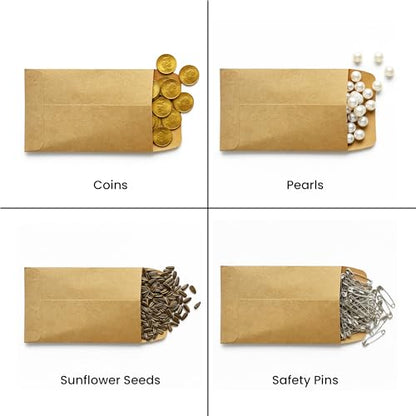 100 Pack Each Brown & Multi Small Coin & Cash Envelopes with Black Pen 130 GSM Paper Mini Envelopes with Gummed Flap, Seed Storage Envelopes, Tip envelopes, Cash, Keys, Jewelry, and Small Parts