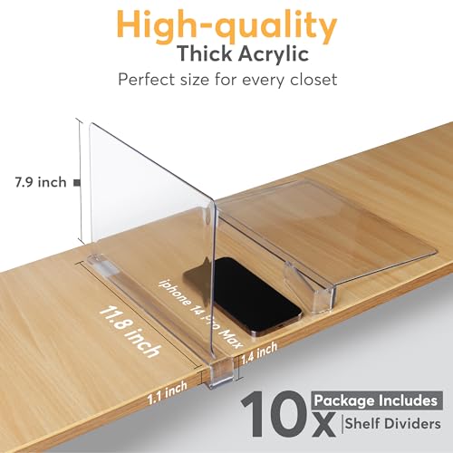 10 Pack Acrylic Shelf Dividers for Closet 11x7.9 Inch – Acrylic Dividers for Shelves Clear Closet Shelf Separators for Purses, Clothes Storage – Vertical Bookshelf Dividers for Bedroom & Kitchen - size: Pack of 10