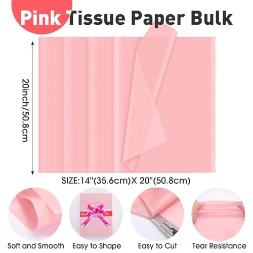 TUXIYA 200 PCS Pink Tissue Paper Bulk,14"x20" Tissue Paper for Gift Bags - color: Pink, size: 200P