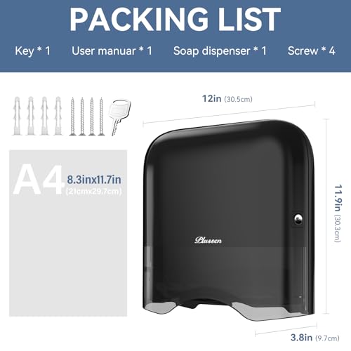 Commercial Paper Towel Dispenser Wall Mount Adhesive 250+ Multifold Trifold c-Fold Folded Hand Towel Dispenser for Bathroom 12" L x 3.8" W x 11.9" H - color: Black