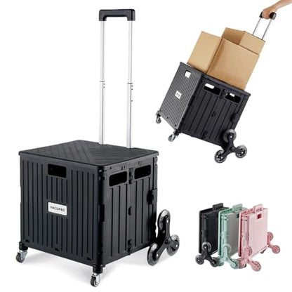 MACOPRO Foldable Utility Cart with Stair Climbing Wheels, Collapsible Rolling Crate with Telescoping Handle, Folding Shopping Trolley Handcart Grocery Book File Tool Teacher Storage Basket (Black) - color: Black