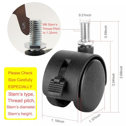4 Pack 1.5 Inch Swivel Stem Caster Wheels Replacement Casters 1.5'' Furniture Wheel with Locking Brake Metric Threaded Stem M8 Wheels for Table Drawer Plant Shelf Metal Rack Laundry Basket