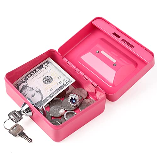 Decaller Mini Cash Box with Lock and Slot, Metal Coin Bank Piggy Bank for Adults & Kids, 4.9" x 3.7" x 2.3", Pink - color: Pink, size: X Small (4.9 Inch)