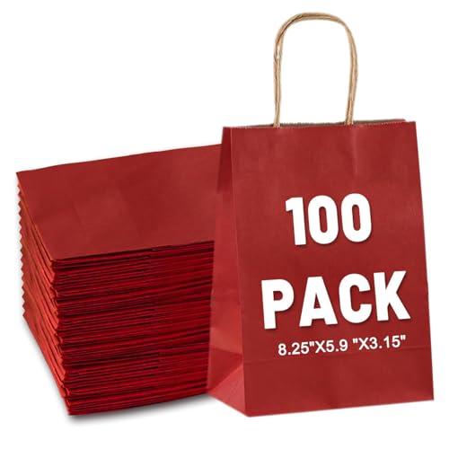 LIHOMR Gift Bags 5.9"x3.15"x8.25", 100pcs Kraft Paper Bag with Handles - color: Red, size: 8.25 x5.9x3.15 Inch (Pack of 100)