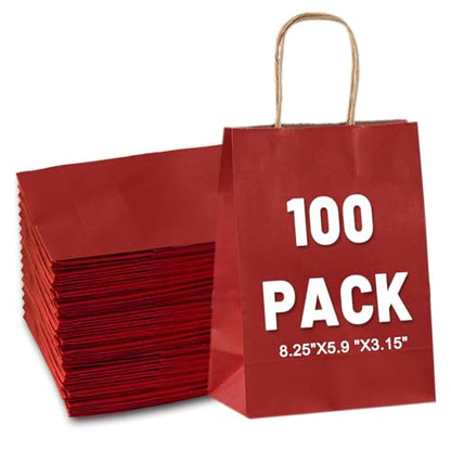 LIHOMR Gift Bags 5.9"x3.15"x8.25", 100pcs Kraft Paper Bag with Handles - color: Red, size: 8.25 x5.9x3.15 Inch (Pack of 100)