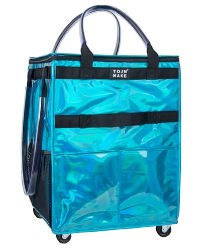 Reusable Grocery Bag with Wheels, Medium Glitter Blue Rolling Tote - color: Glitter Blue, size: Medium
