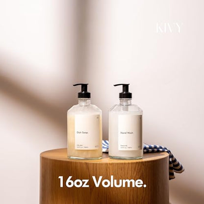 KIVY Glass Soap Dispenser Set 2X 16oz - incl. Waterproof Labels - with Pump - color: Glass