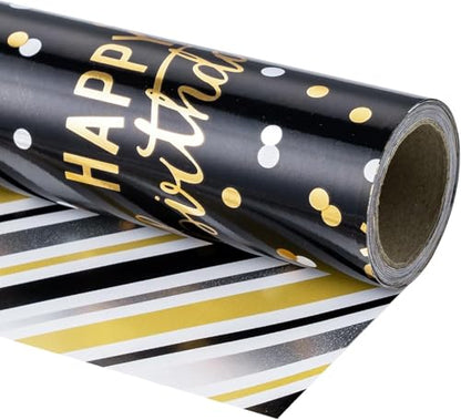 LeZakaa Reversible Black Birthday Wrapping Paper Roll for Boys Men, Happy Birthday Lettering & Stripe Pattern with Metallic Gold Foil in Black, Mini Roll, 17 inches x 9.8 Feet - color: Birthday - Gold Black, size: 17" X 9.8 ft